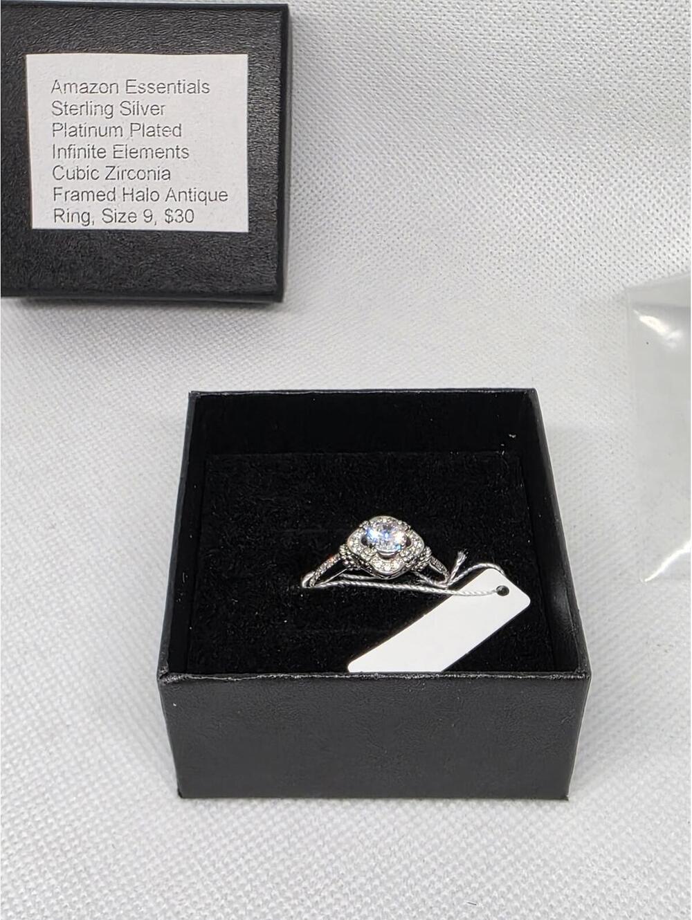 Amazon Essentials Sterling Silver Platinum CZ Halo Antique Ring Size 9